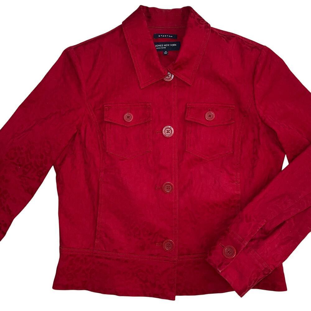 Jones New York Stretch Red Tone on Tone Cheetah Print Fitted Jacket Size M